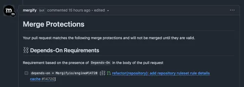 GitHub comment showing Merge Protections dependency checks