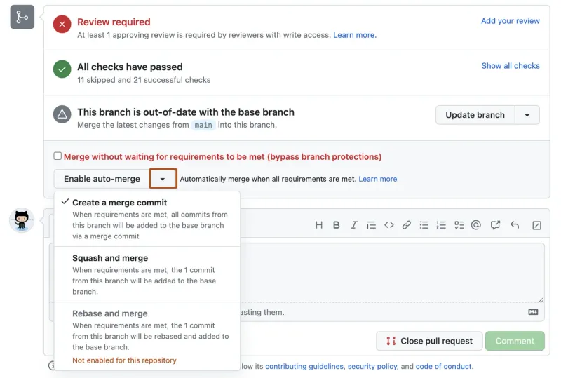GitHub's Enable auto-merge dropdown on a pull request, showing options for merge commit, squash, and rebase