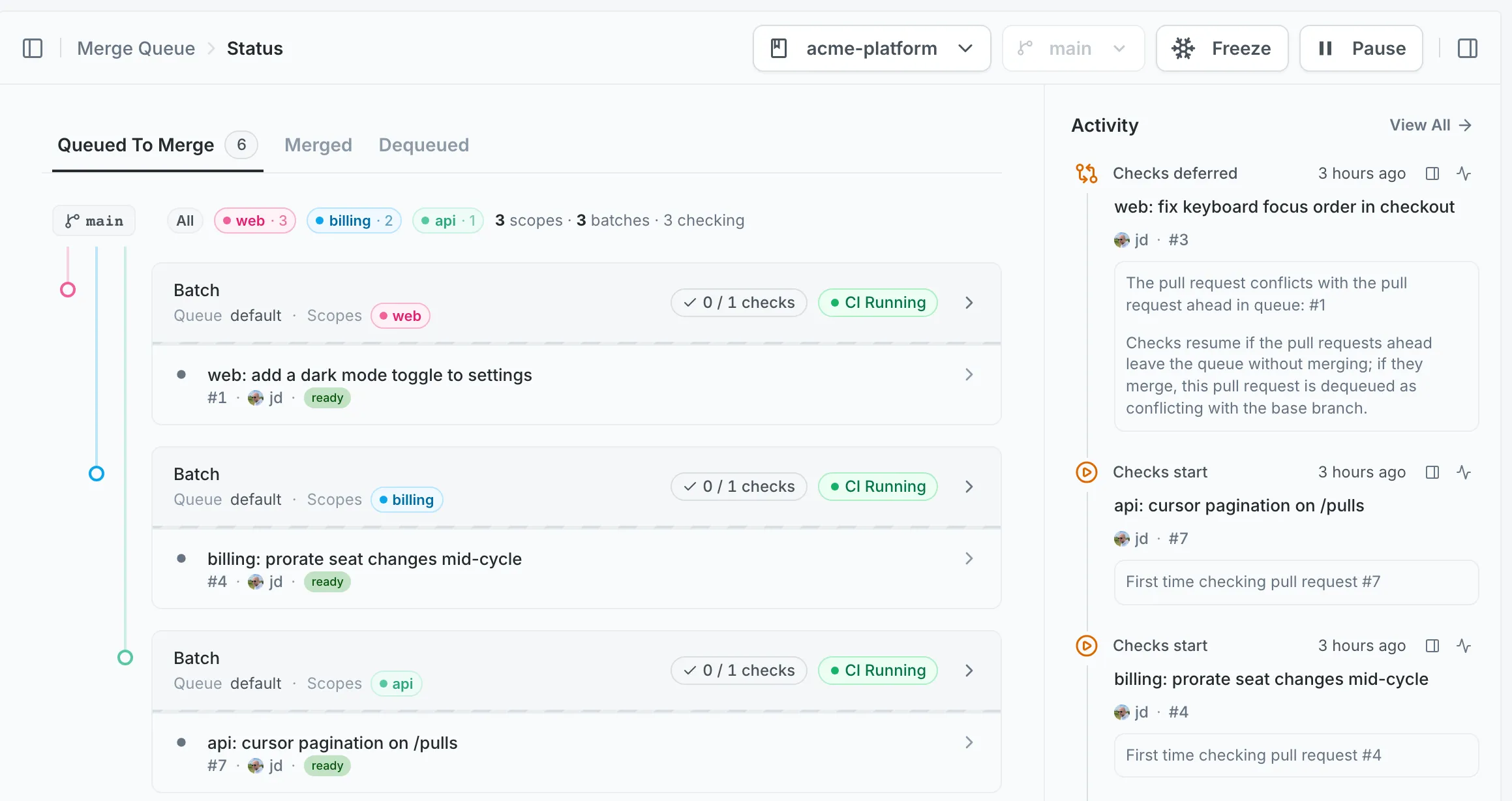 Mergify merge queue status with three scoped batches running in parallel, served from an internal company domain