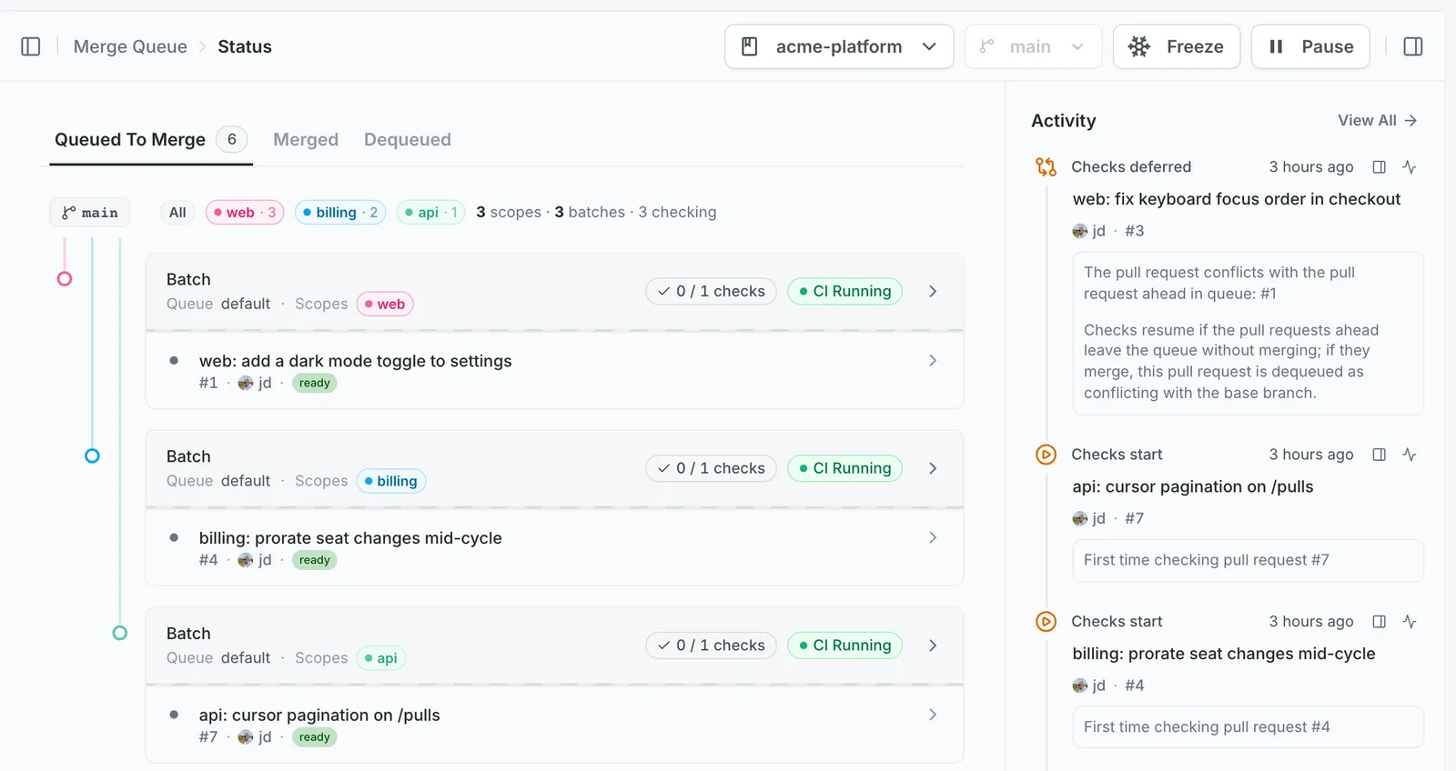 Mergify Merge Queue dashboard, full size