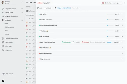CI Insights dashboard showing job duration trends and regressions