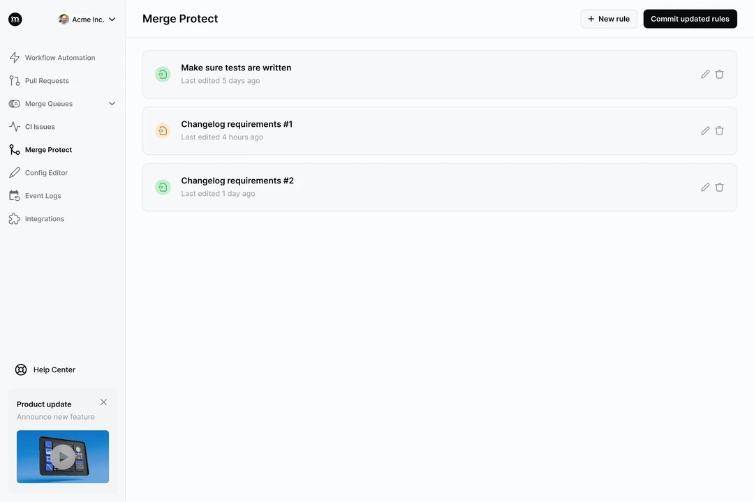 Merge Protections dashboard showing merge rules and checks