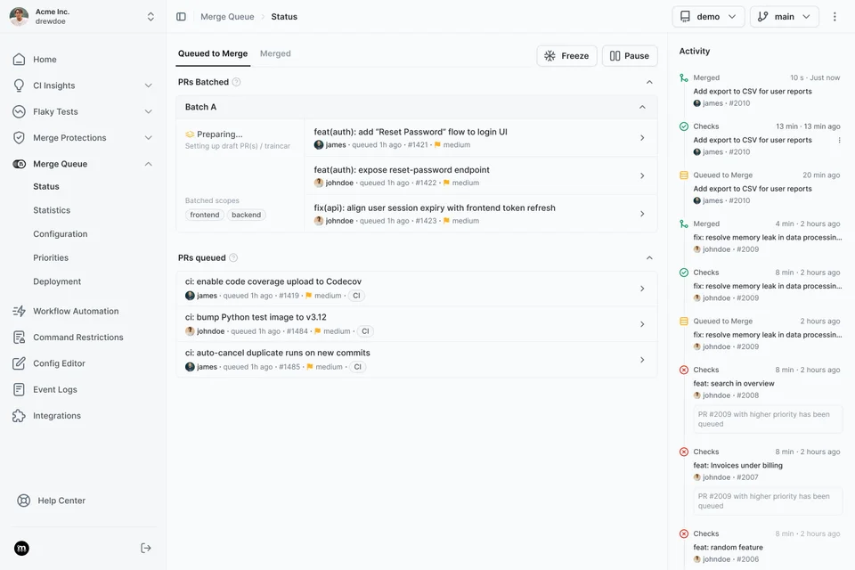 Merge Queue dashboard showing batched PRs and queue activity