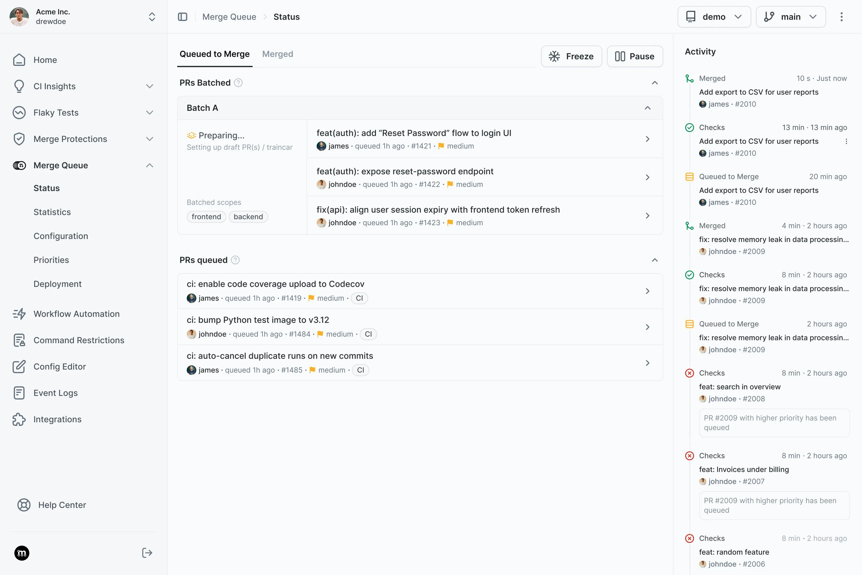 Merge Queue dashboard showing batched PRs and queue activity