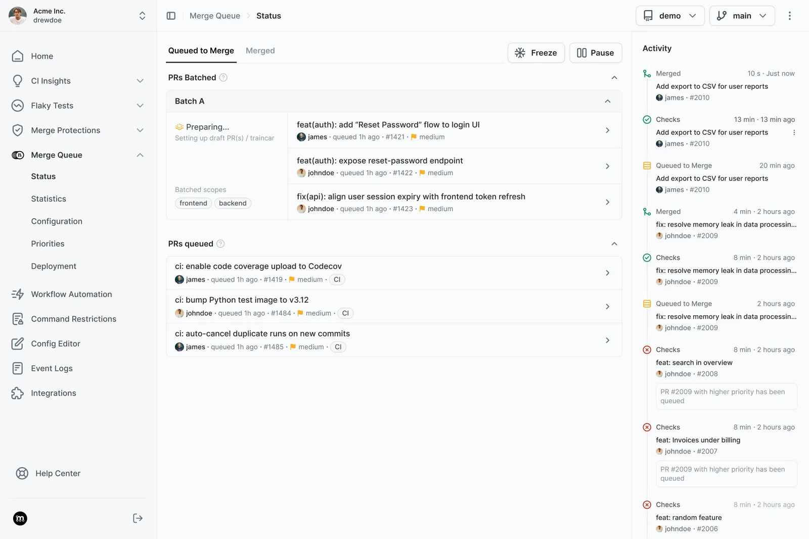 Mergify Merge Queue dashboard, full size