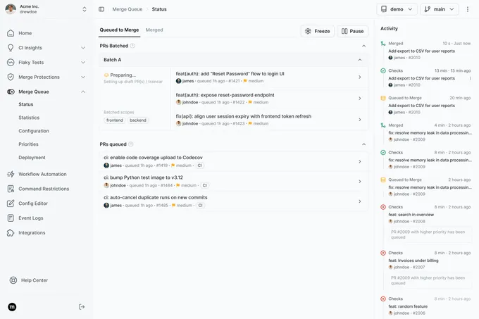 Mergify Merge Queue dashboard showing in-flight queue, batch composition, and live status