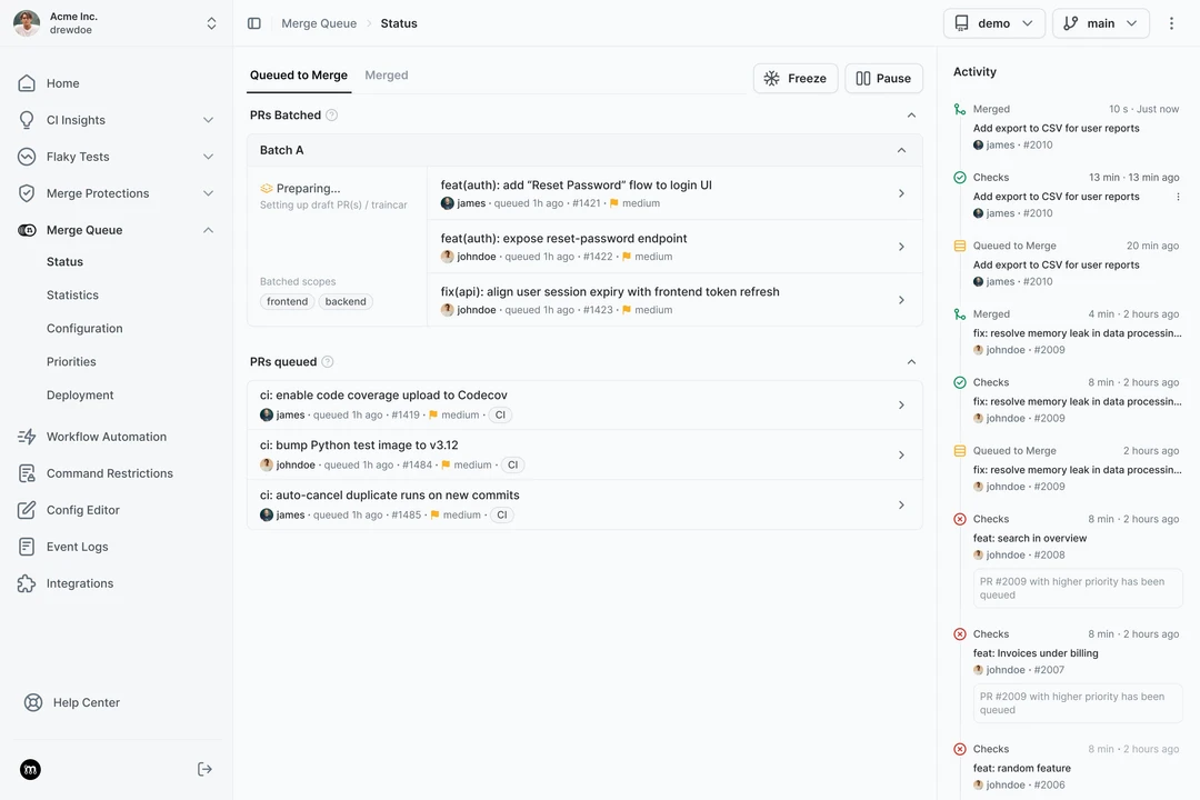 Merge Queue dashboard showing batched PRs and queue activity