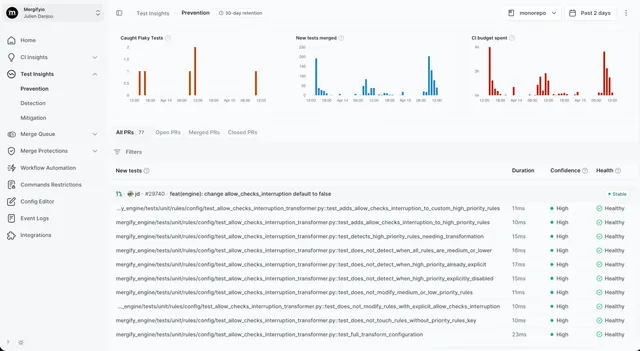 Test Engine in the Mergify dashboard