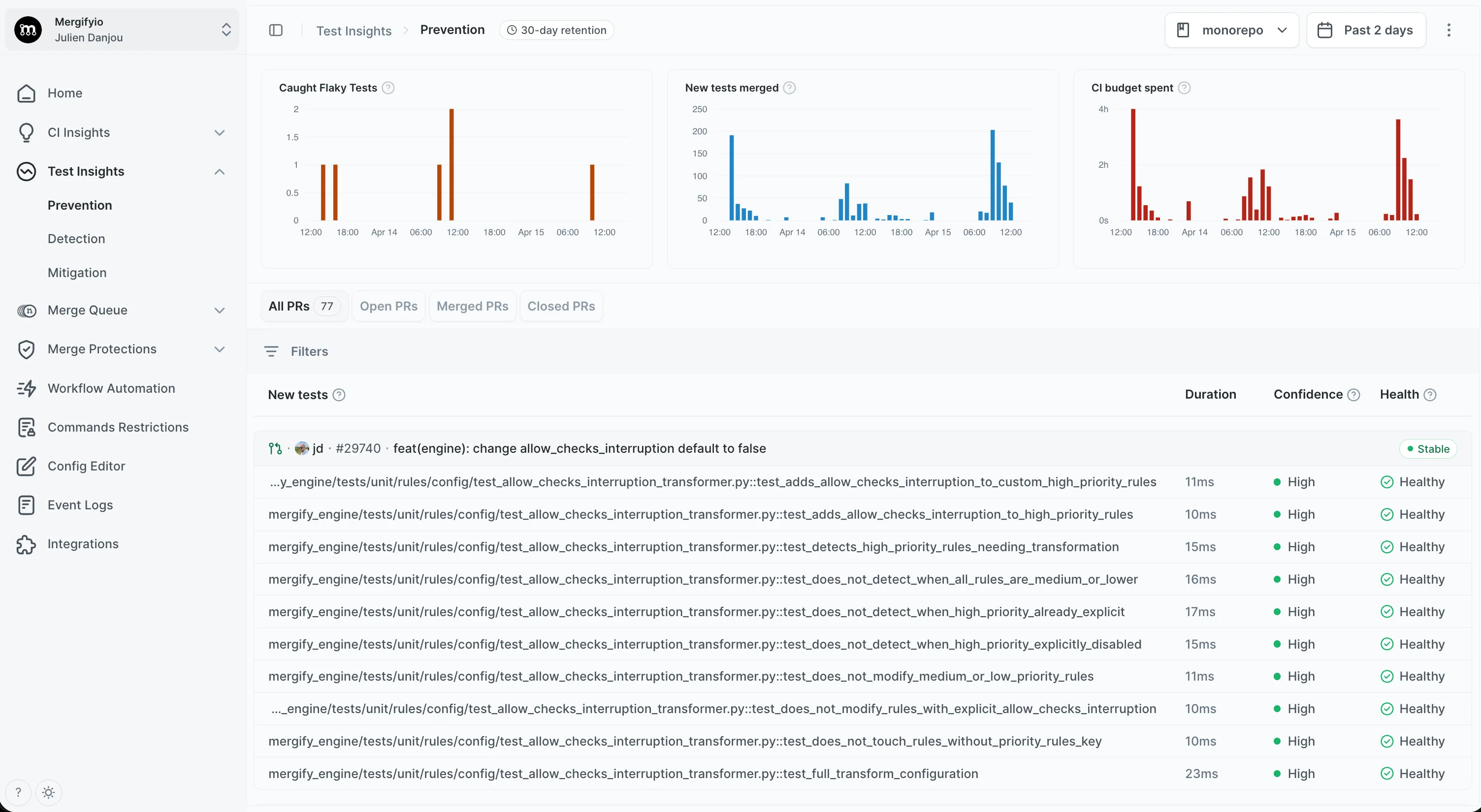 Test Insights dashboard showing test health scores and flaky test detection