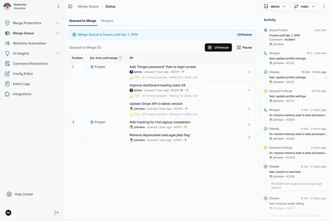 Merge Protections dashboard showing freeze windows, branch protection rules, and merge schedules
