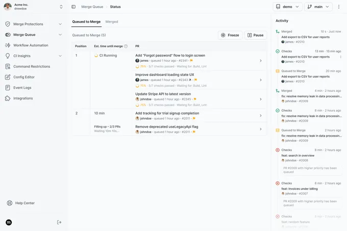 Merge Queue dashboard showing queued pull requests, batch merging, and CI status