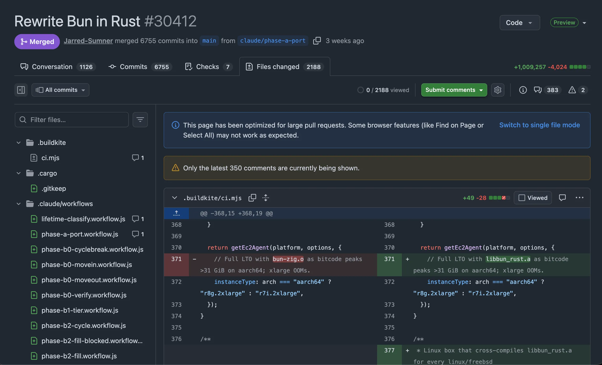 GitHub screenshot of PR #30412 'Rewrite Bun in Rust'. 6,755 commits merged into main from branch claude/phase-a-port. +1,009,257 / -4,024. 2,188 files changed. GitHub shows a banner reading 'This page has been optimized for large pull requests. Some browser features (like Find on Page or Select All) may not work as expected.'