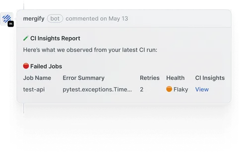 PR comment showing CI Insights summary report