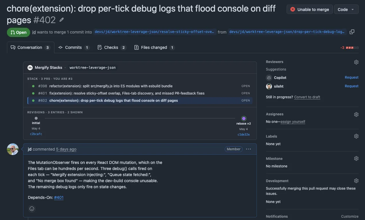 Mergify Stacks browser extension showing the stack chain and revision history inside a GitHub PR page